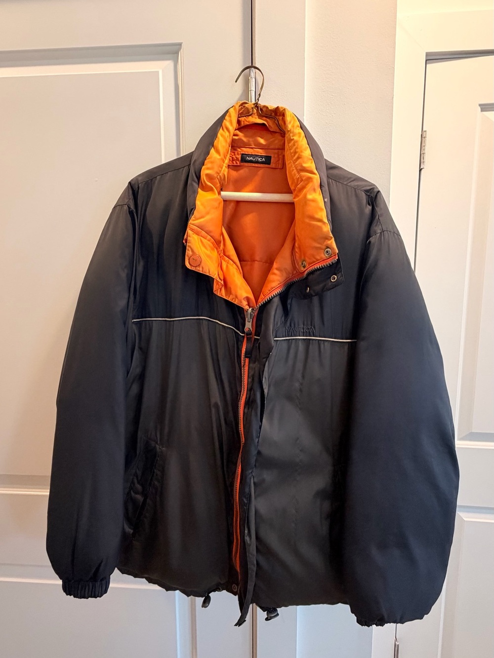 Nautica Black Puffer Jacket with Orange Lining